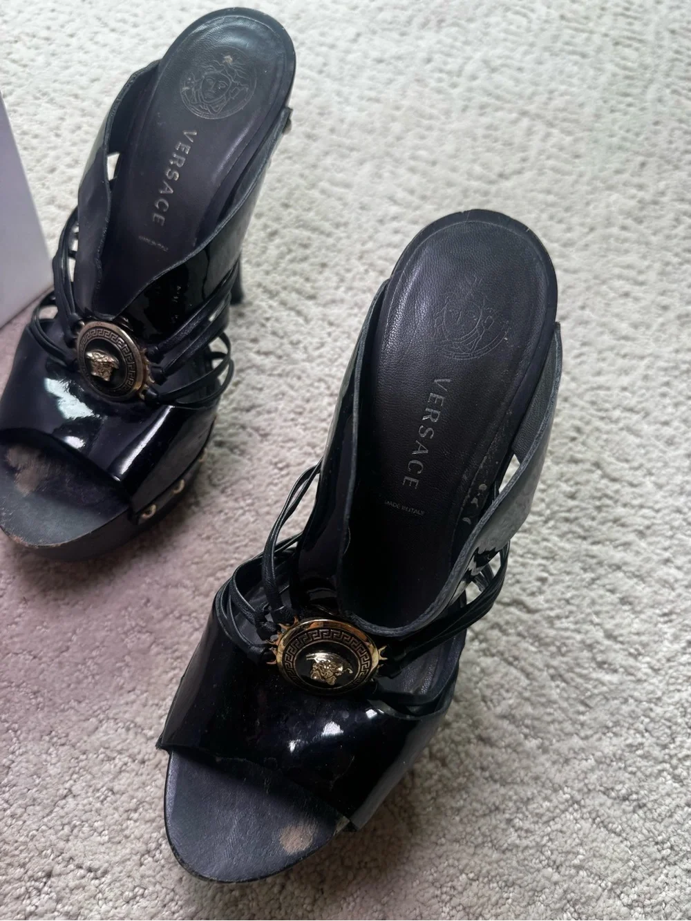 Versace Black Patent Leather and Wooden Platform Medusa Sandals Size 36